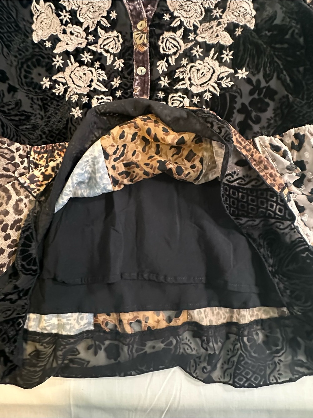 John Mark Velvet Embroidered Patchwork Tunic animal print BoHo country cottage - Picture 7 of 14